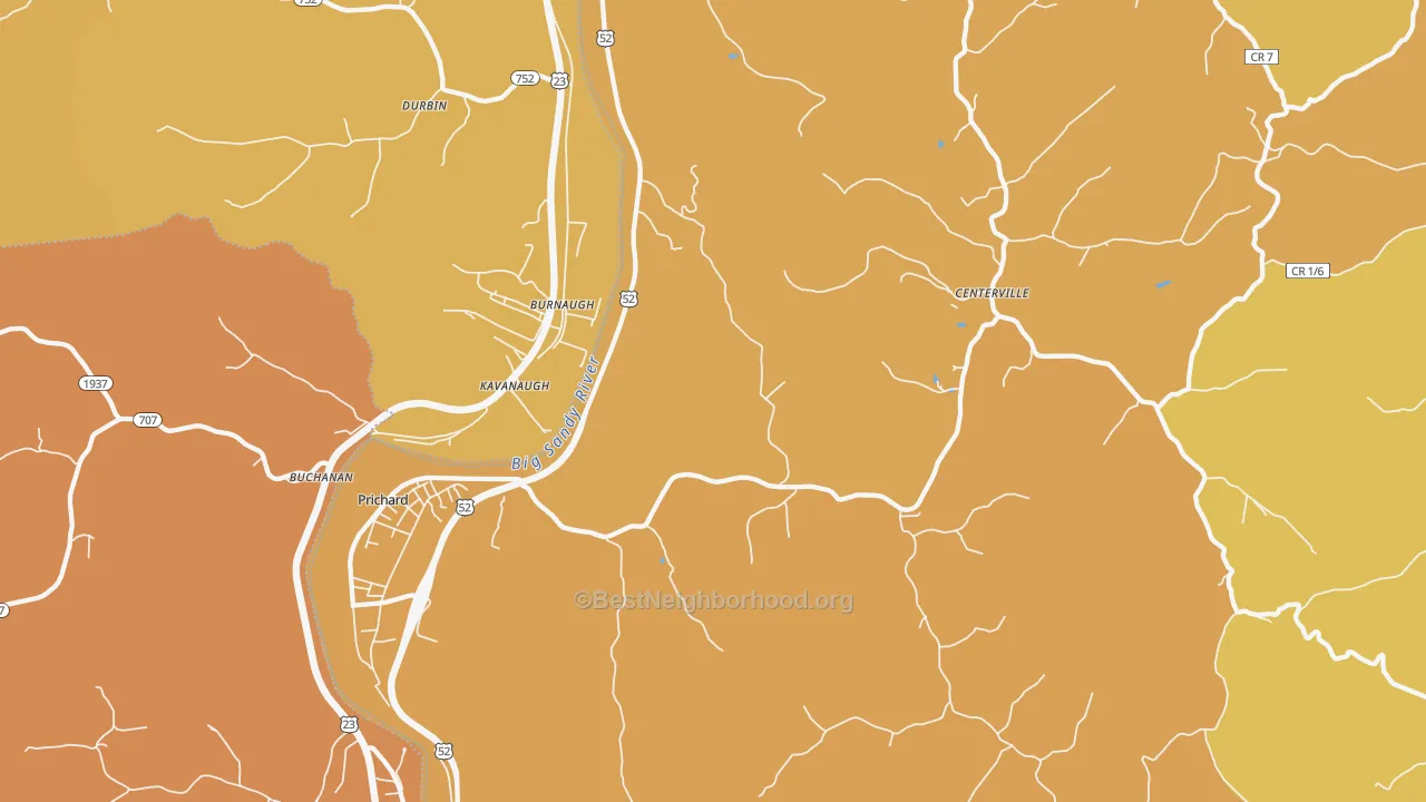 Map of the best neighborhoods in the 25555 area, with better matches in green and worse matches in red