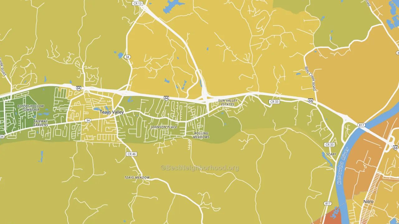 Map of the best neighborhoods in the 25560 area, with better matches in green and worse matches in red