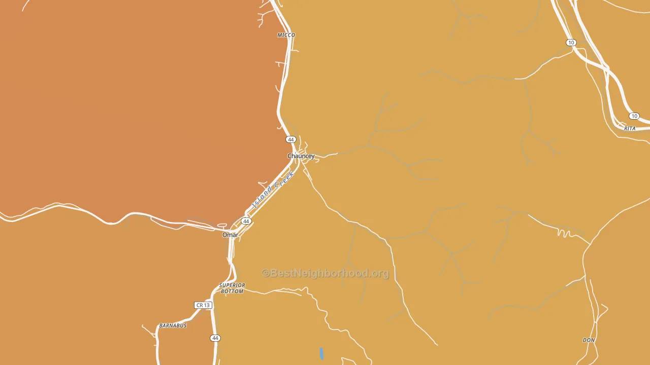 Map of the best neighborhoods in the 25612 area, with better matches in green and worse matches in red