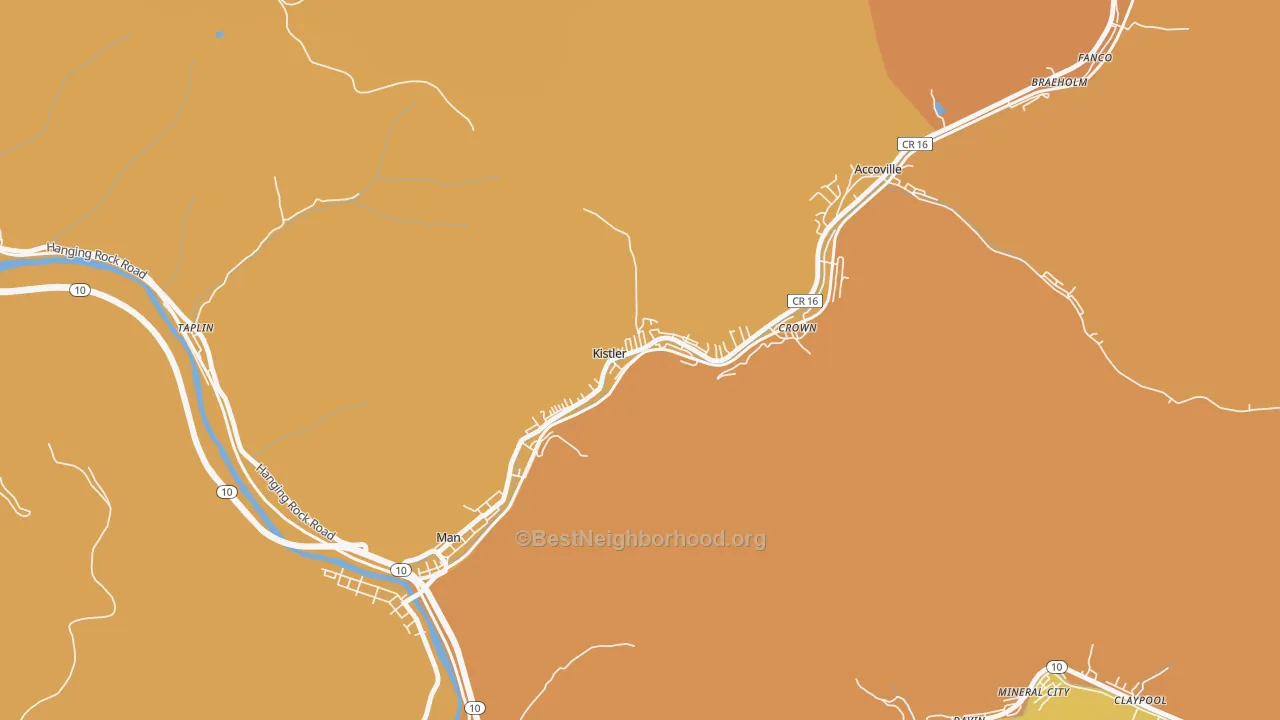 Map of the best neighborhoods in the 25628 area, with better matches in green and worse matches in red