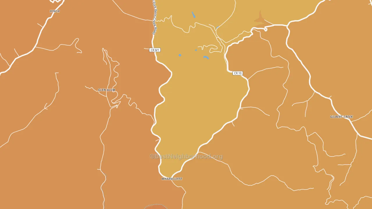 Map of the best neighborhoods in the 25651 area, with better matches in green and worse matches in red