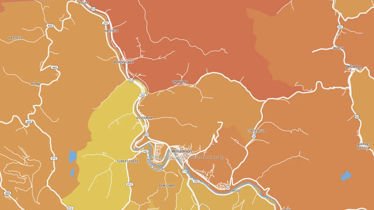 Map of the best neighborhoods in the 25661 area, with better matches in green and worse matches in red
