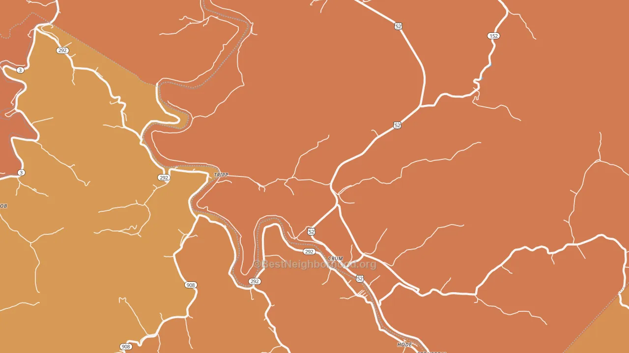Map of the best neighborhoods in the 25669 area, with better matches in green and worse matches in red