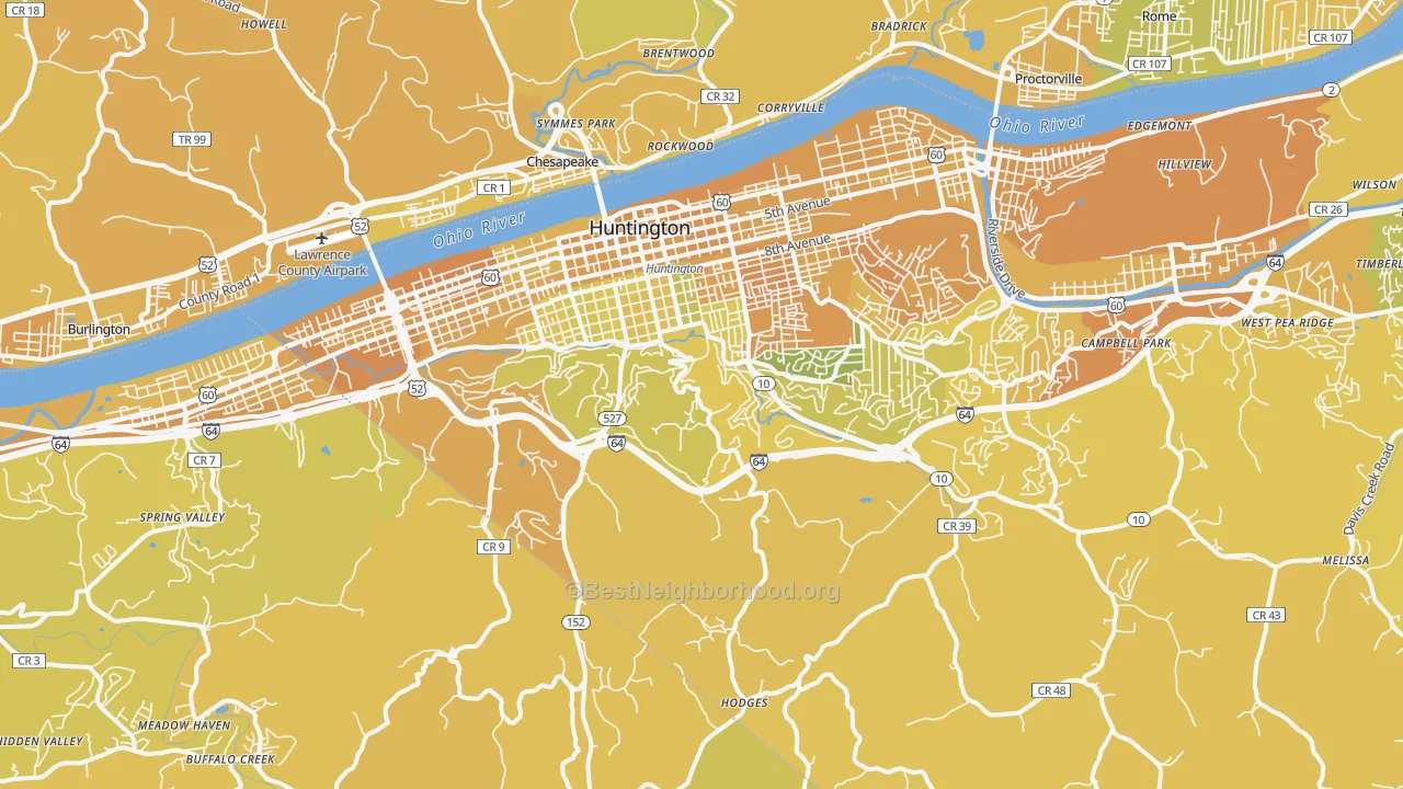 Map of the best neighborhoods in the 25701 area, with better matches in green and worse matches in red