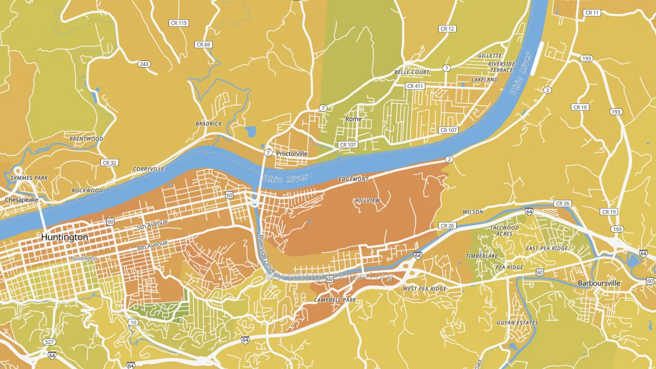 Map of the best neighborhoods in the 25702 area, with better matches in green and worse matches in red