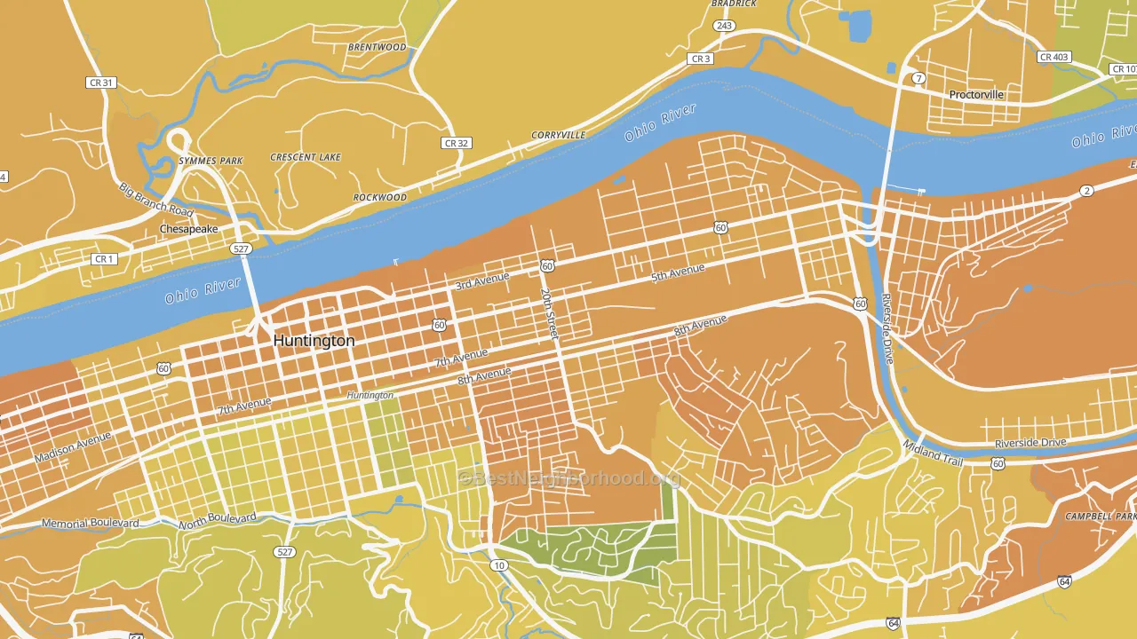 Map of the best neighborhoods in the 25703 area, with better matches in green and worse matches in red