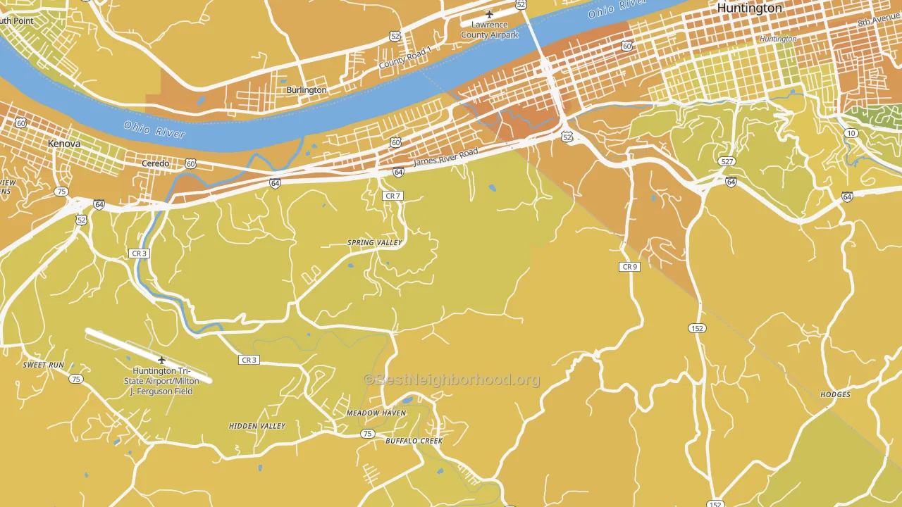 Map of the best neighborhoods in the 25704 area, with better matches in green and worse matches in red