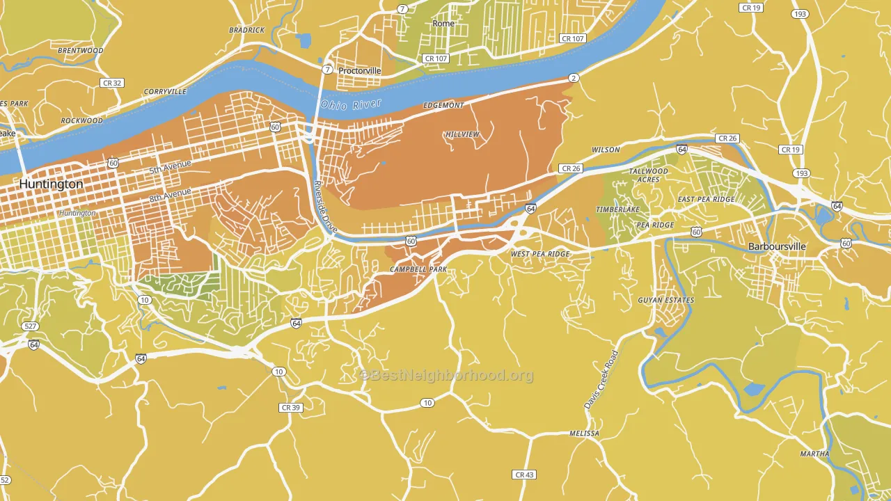 Map of the best neighborhoods in the 25705 area, with better matches in green and worse matches in red