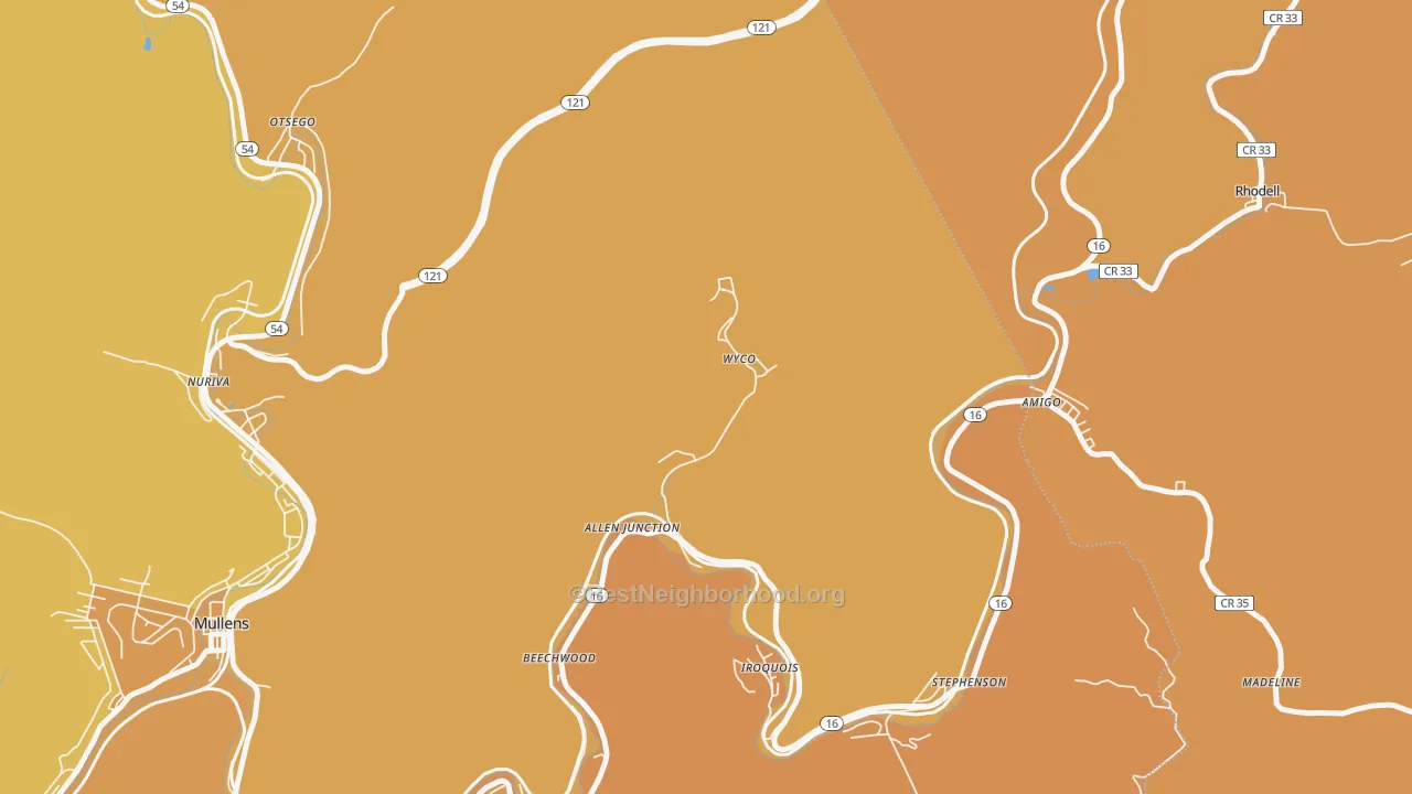 Map of the best neighborhoods in the 25810 area, with better matches in green and worse matches in red