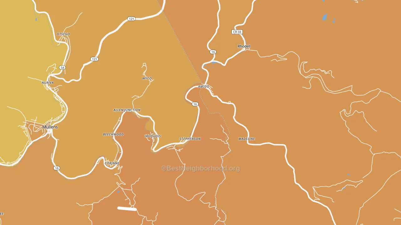 Map of the best neighborhoods in the 25811 area, with better matches in green and worse matches in red