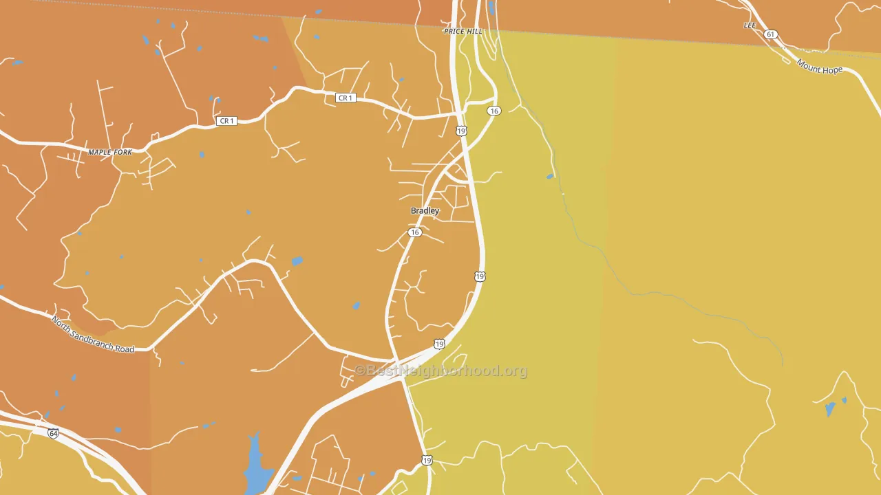 Map of the best neighborhoods in the 25818 area, with better matches in green and worse matches in red