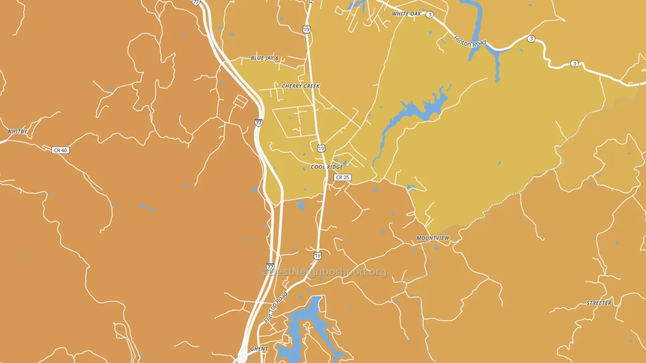Map of the best neighborhoods in the 25825 area, with better matches in green and worse matches in red