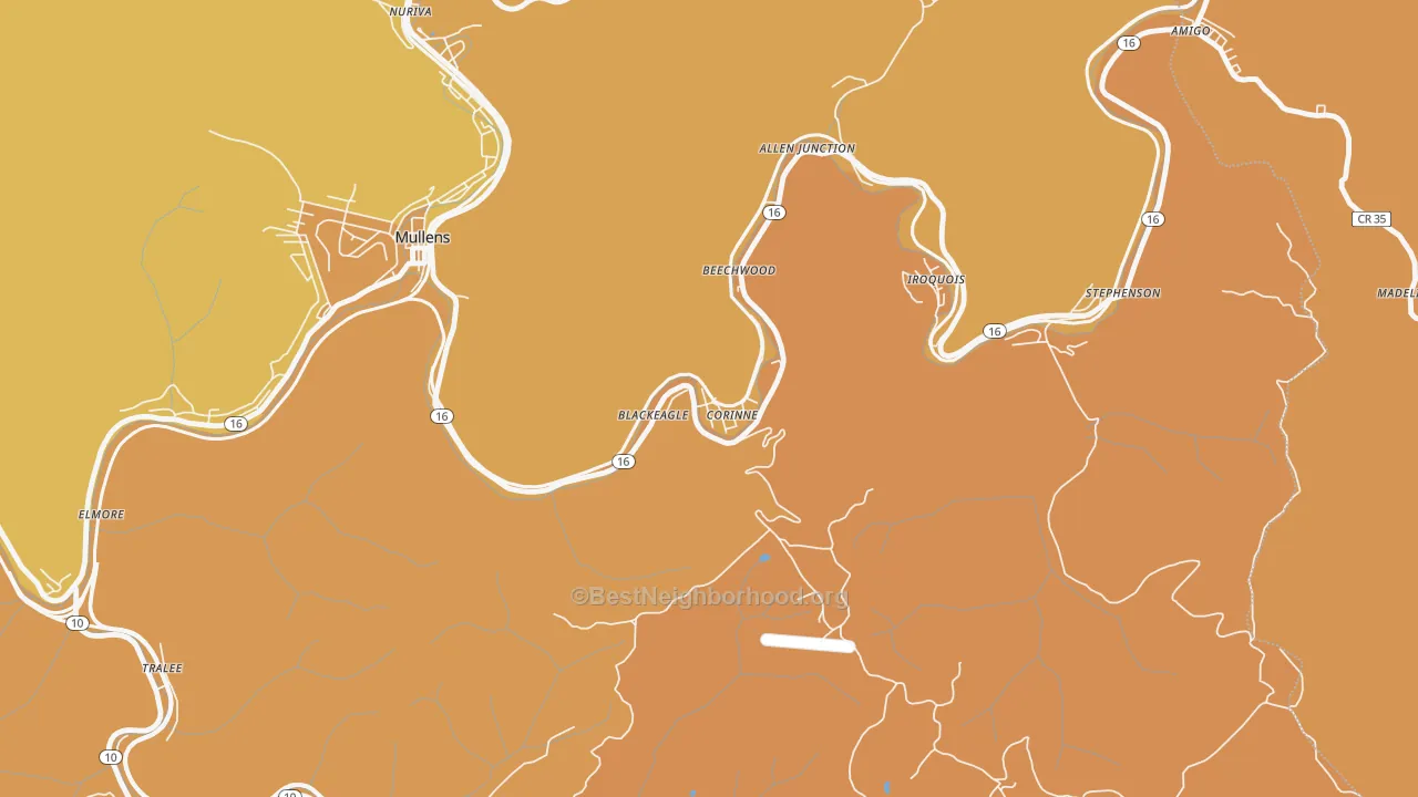 Map of the best neighborhoods in the 25826 area, with better matches in green and worse matches in red