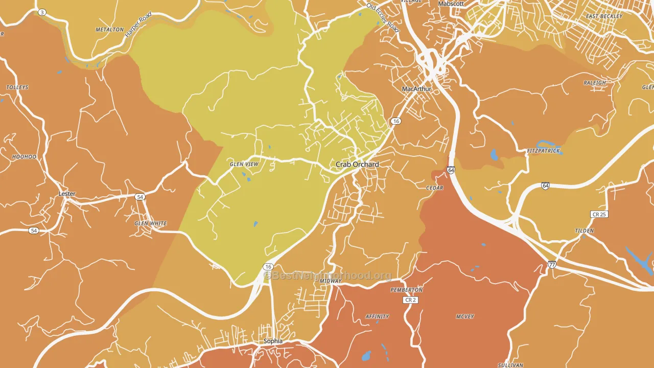 Map of the best neighborhoods in the 25827 area, with better matches in green and worse matches in red