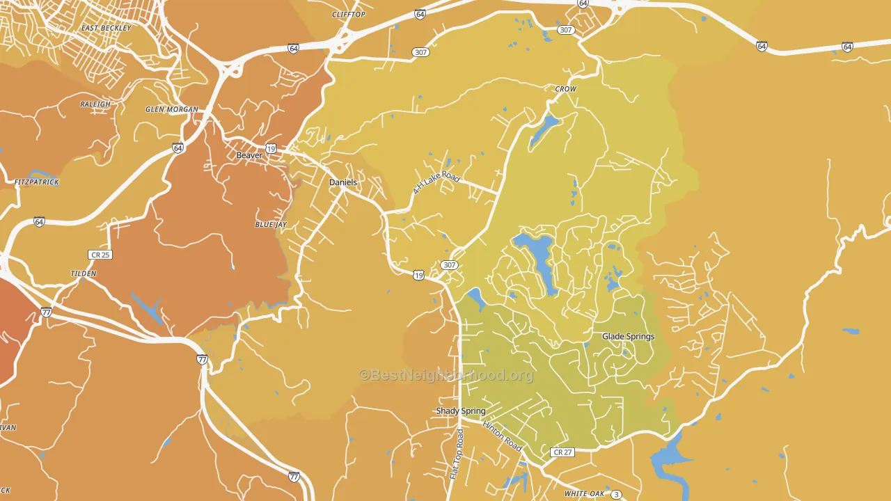 Map of the best neighborhoods in the 25832 area, with better matches in green and worse matches in red