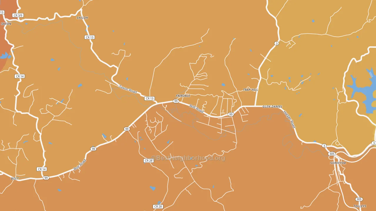 Map of the best neighborhoods in the 25839 area, with better matches in green and worse matches in red