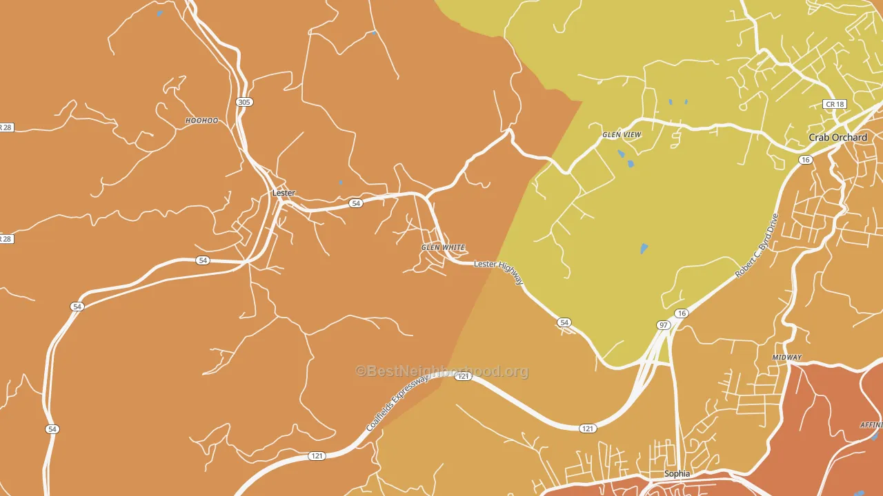 Map of the best neighborhoods in the 25849 area, with better matches in green and worse matches in red