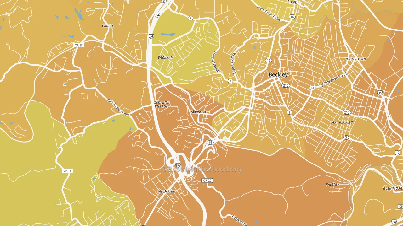 Map of the best neighborhoods in the 25871 area, with better matches in green and worse matches in red