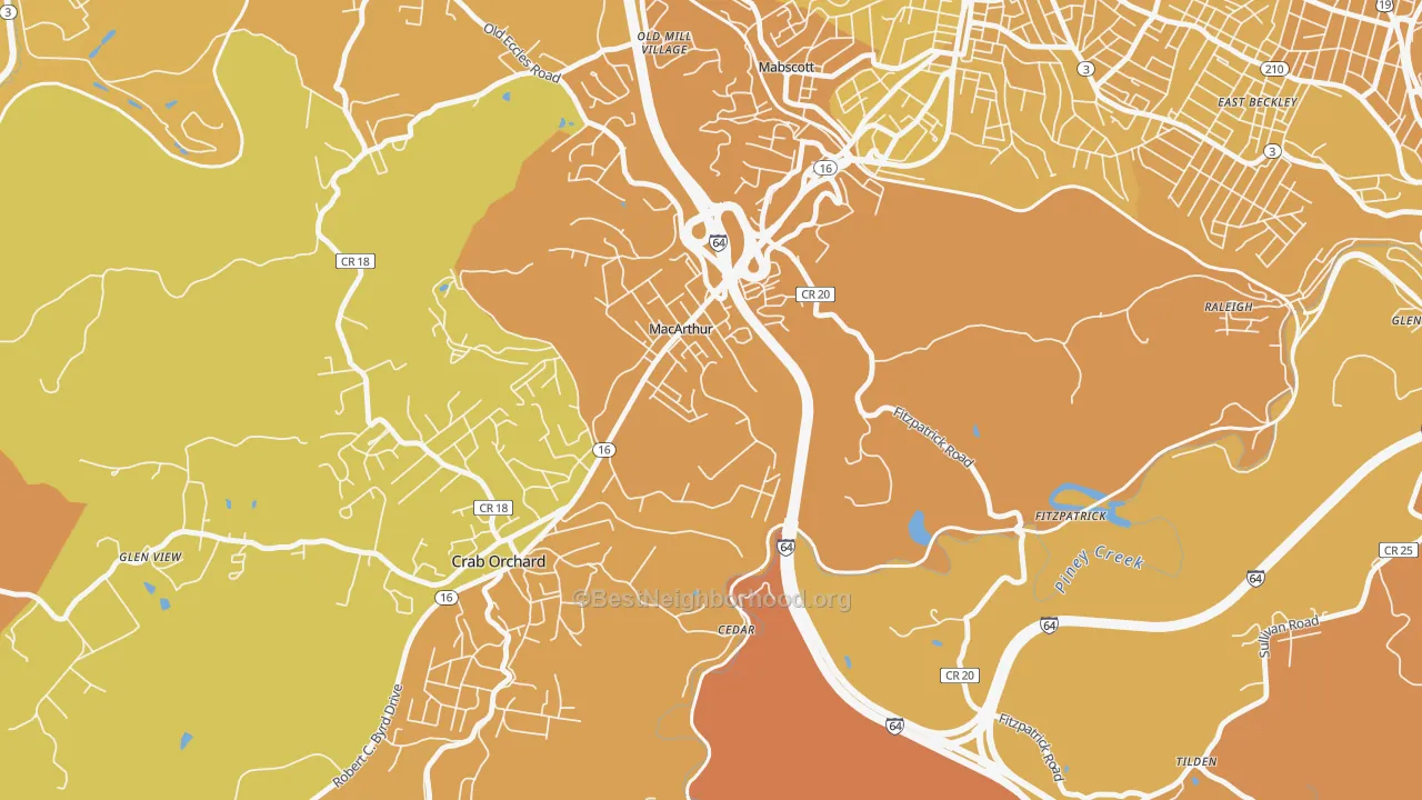 Map of the best neighborhoods in the 25873 area, with better matches in green and worse matches in red