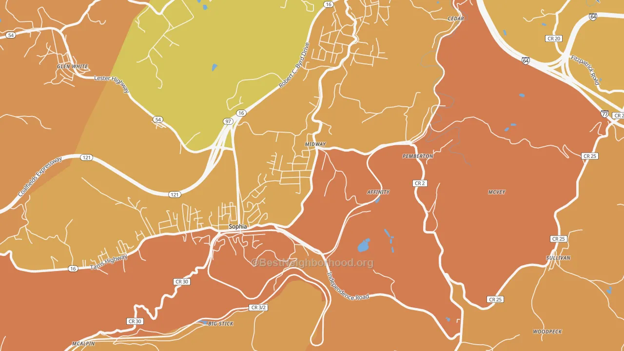 Map of the best neighborhoods in the 25878 area, with better matches in green and worse matches in red