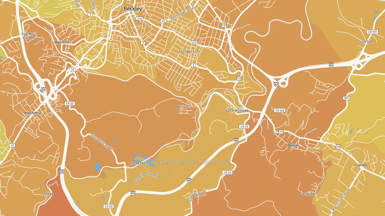 Map of the best neighborhoods in the 25911 area, with better matches in green and worse matches in red