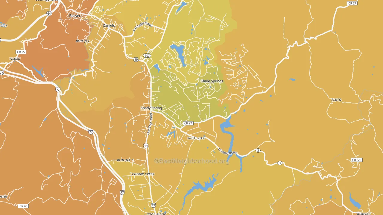 Map of the best neighborhoods in the 25918 area, with better matches in green and worse matches in red
