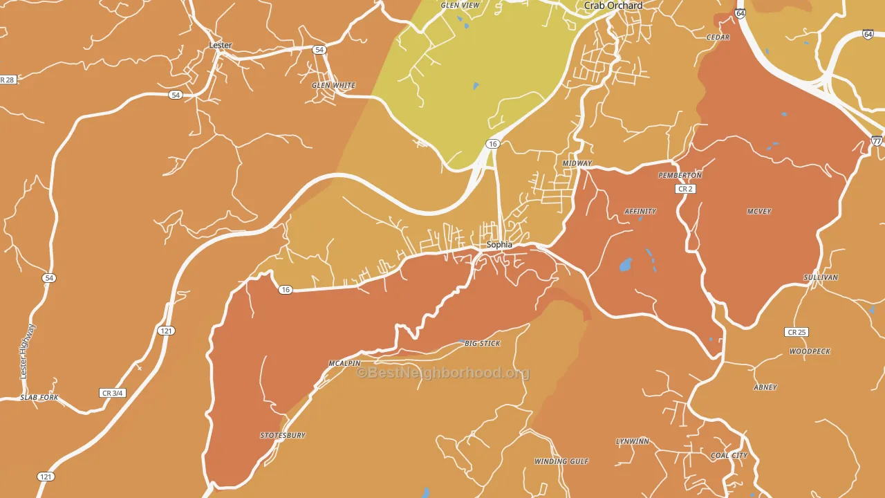 Map of the best neighborhoods in the 25921 area, with better matches in green and worse matches in red