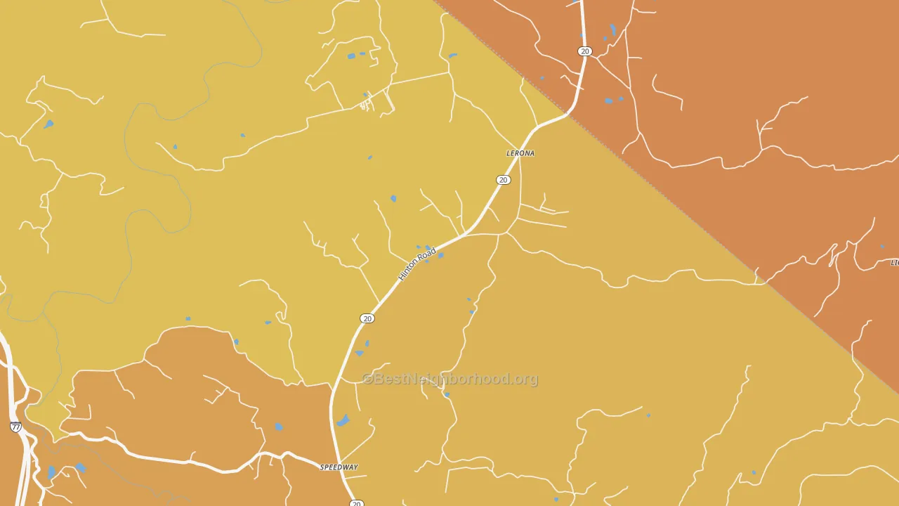 Map of the best neighborhoods in the 25971 area, with better matches in green and worse matches in red