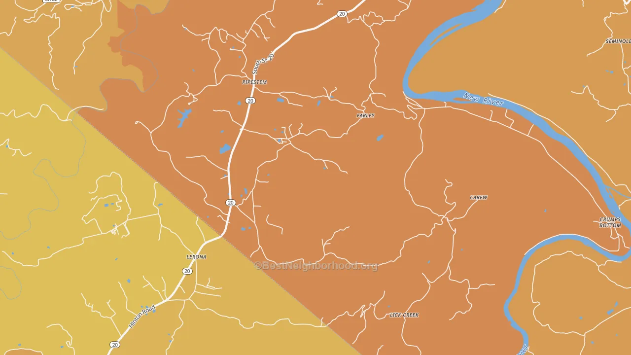 Map of the best neighborhoods in the 25979 area, with better matches in green and worse matches in red