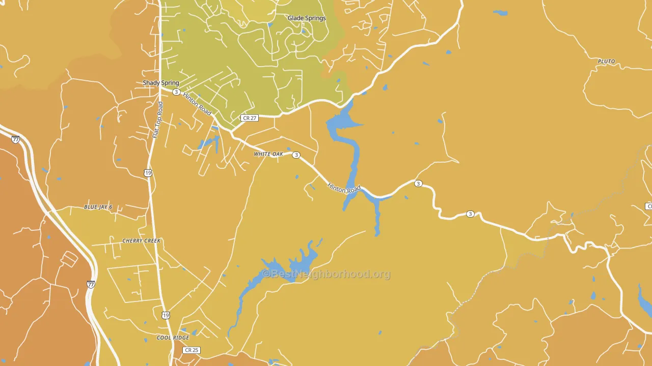 Map of the best neighborhoods in the 25989 area, with better matches in green and worse matches in red