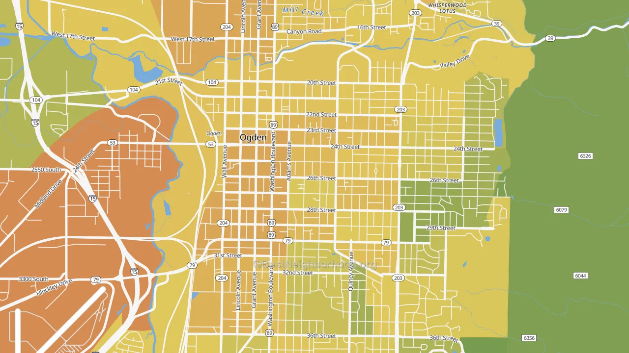 Map of the best neighborhoods in the 25th Street, Ogden area, with better matches in green and worse matches in red