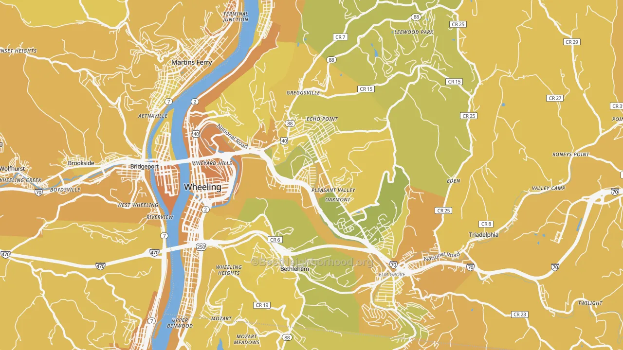 Map of the best neighborhoods in the 26003 area, with better matches in green and worse matches in red