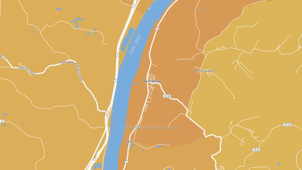 Map of the best neighborhoods in the 26030 area, with better matches in green and worse matches in red