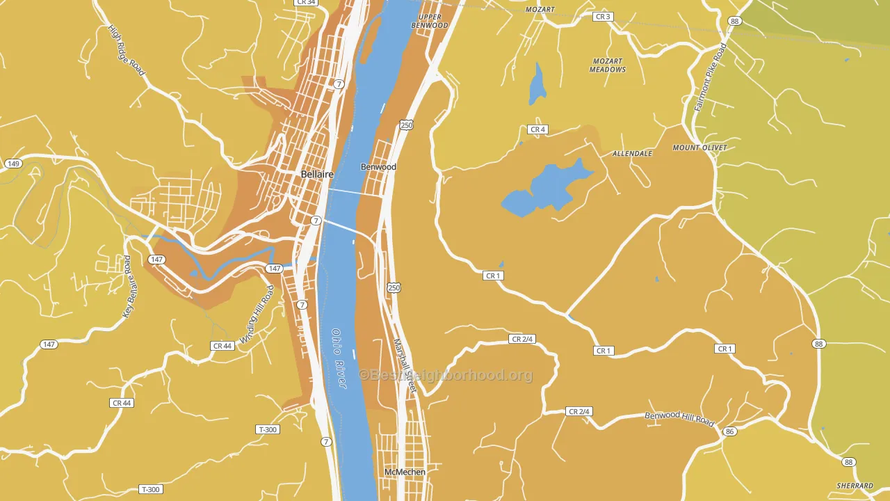 Map of the best neighborhoods in the 26031 area, with better matches in green and worse matches in red