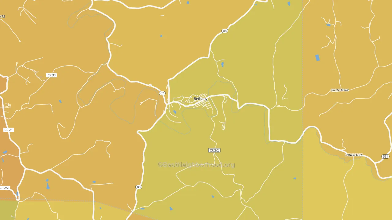 Map of the best neighborhoods in the 26032 area, with better matches in green and worse matches in red