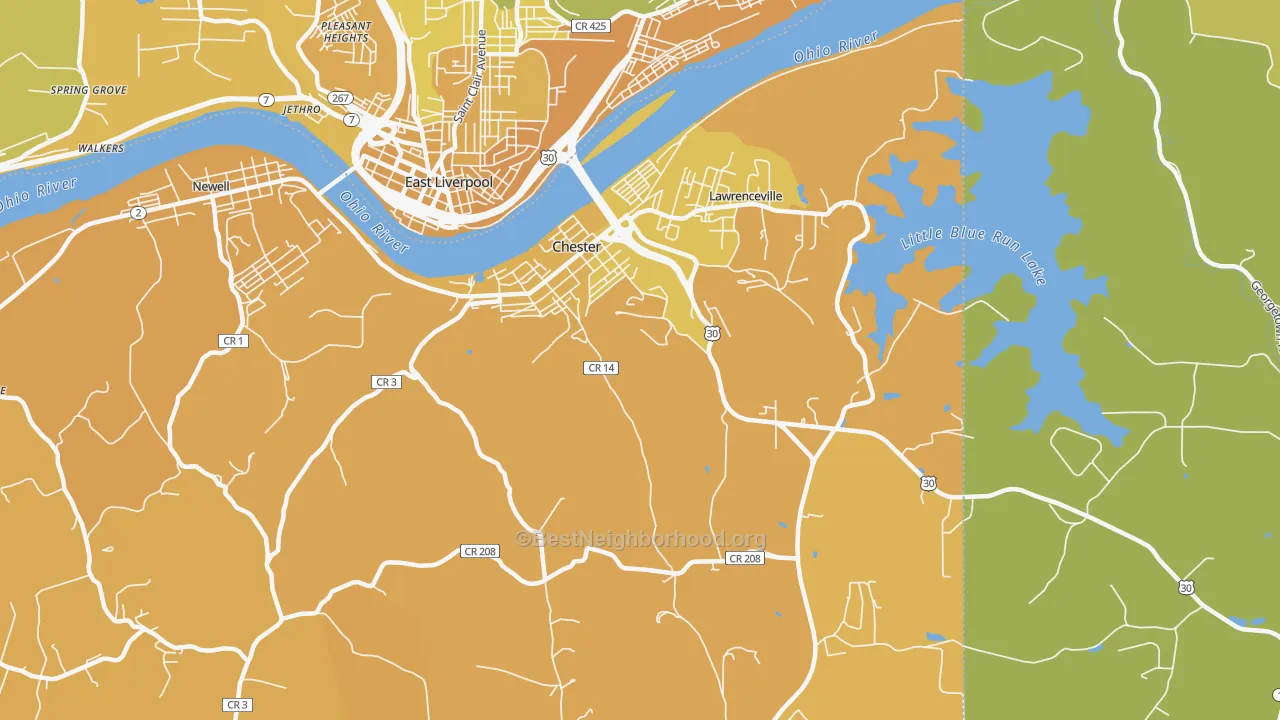 Map of the best neighborhoods in the 26034 area, with better matches in green and worse matches in red