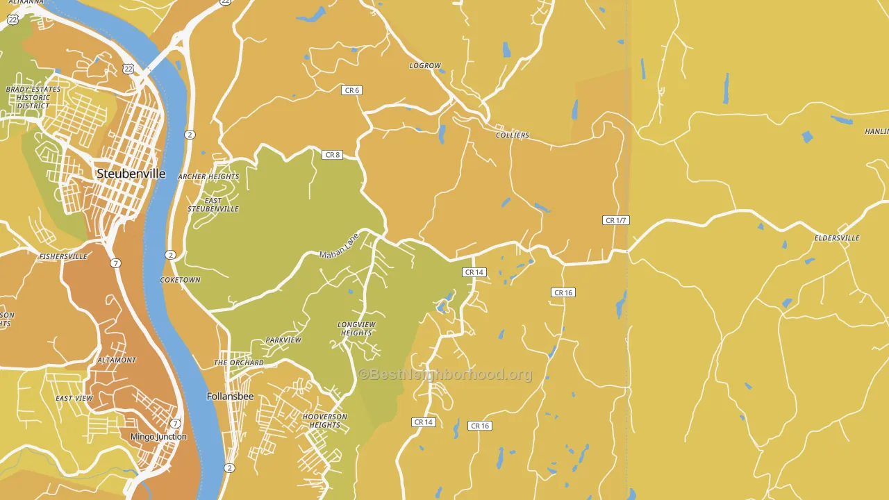 Map of the best neighborhoods in the 26035 area, with better matches in green and worse matches in red