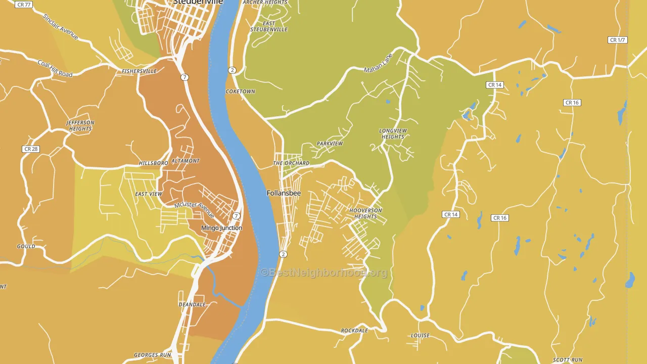 Map of the best neighborhoods in the 26037 area, with better matches in green and worse matches in red