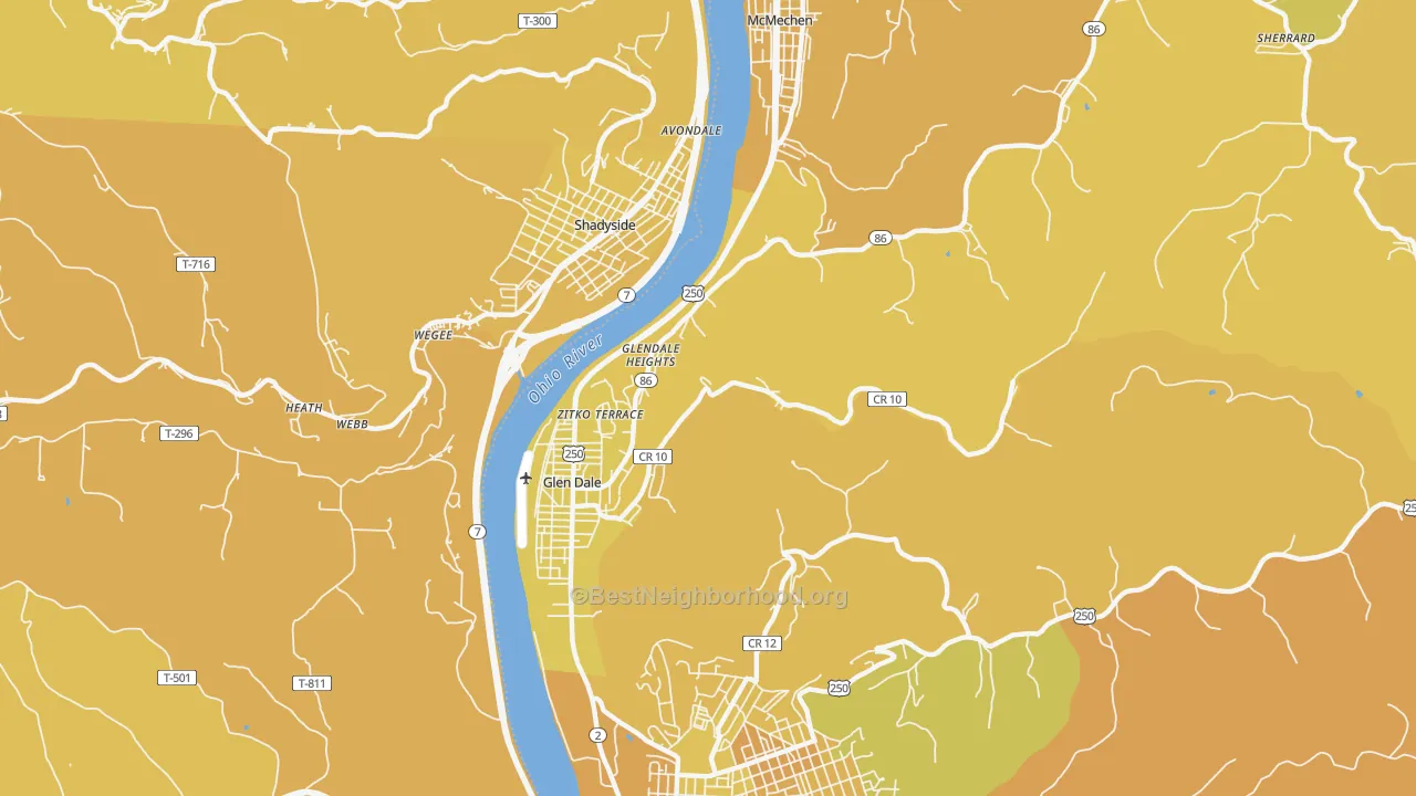 Map of the best neighborhoods in the 26038 area, with better matches in green and worse matches in red