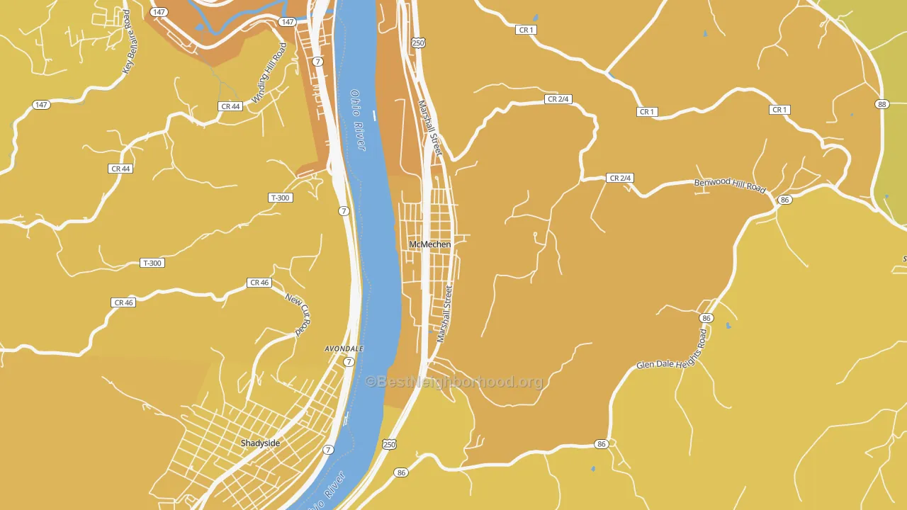 Map of the best neighborhoods in the 26040 area, with better matches in green and worse matches in red