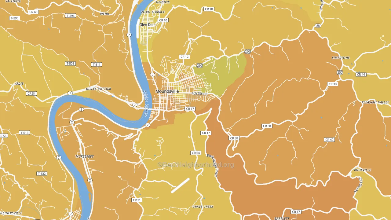 Map of the best neighborhoods in the 26041 area, with better matches in green and worse matches in red