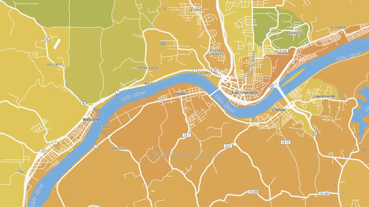 Map of the best neighborhoods in the 26050 area, with better matches in green and worse matches in red