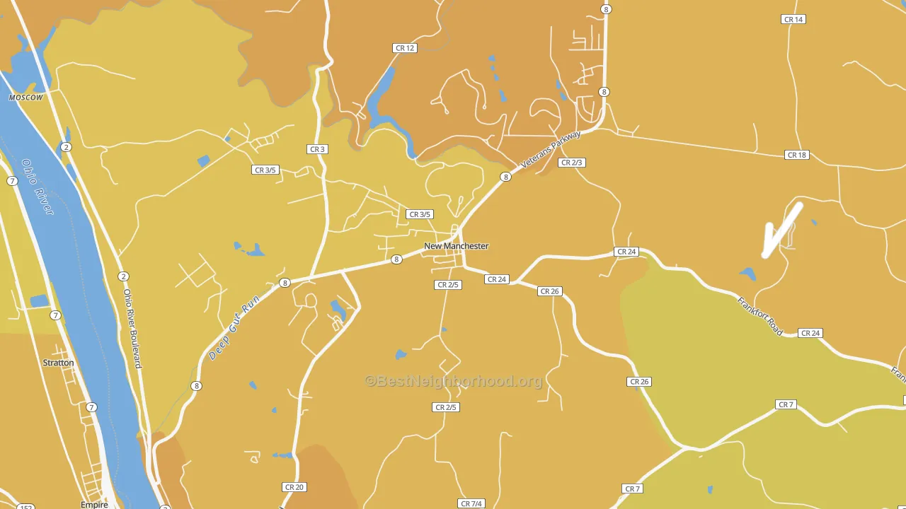 Map of the best neighborhoods in the 26056 area, with better matches in green and worse matches in red