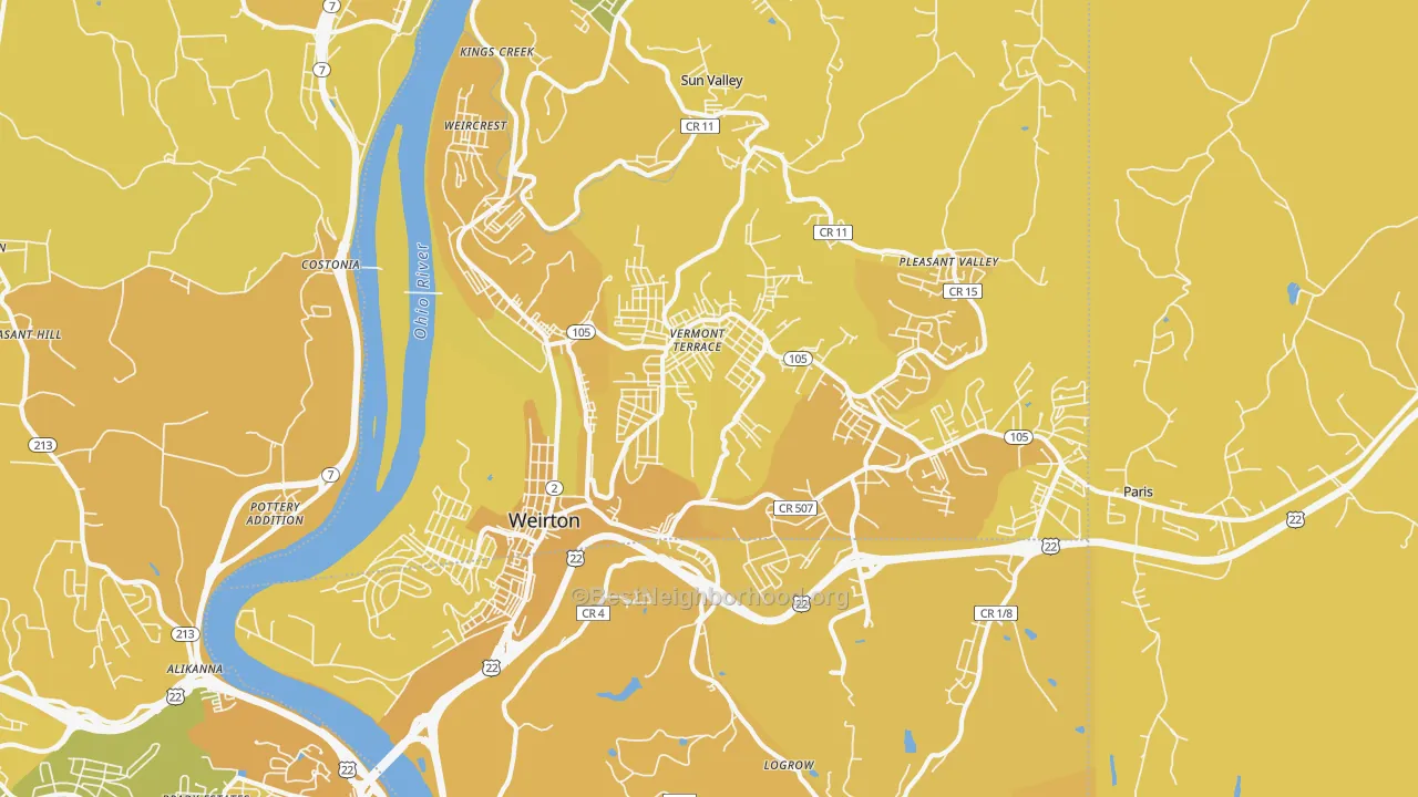 Map of the best neighborhoods in the 26062 area, with better matches in green and worse matches in red