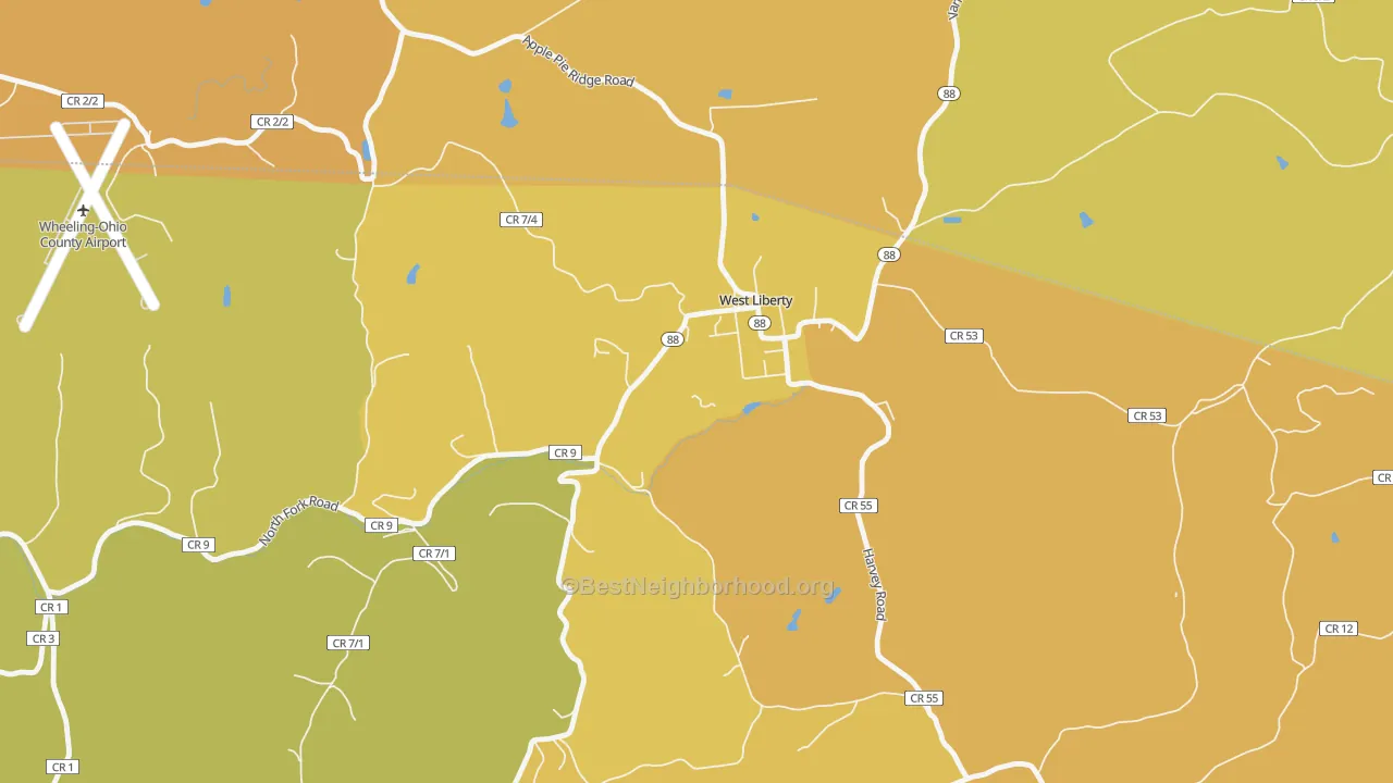 Map of the best neighborhoods in the 26074 area, with better matches in green and worse matches in red