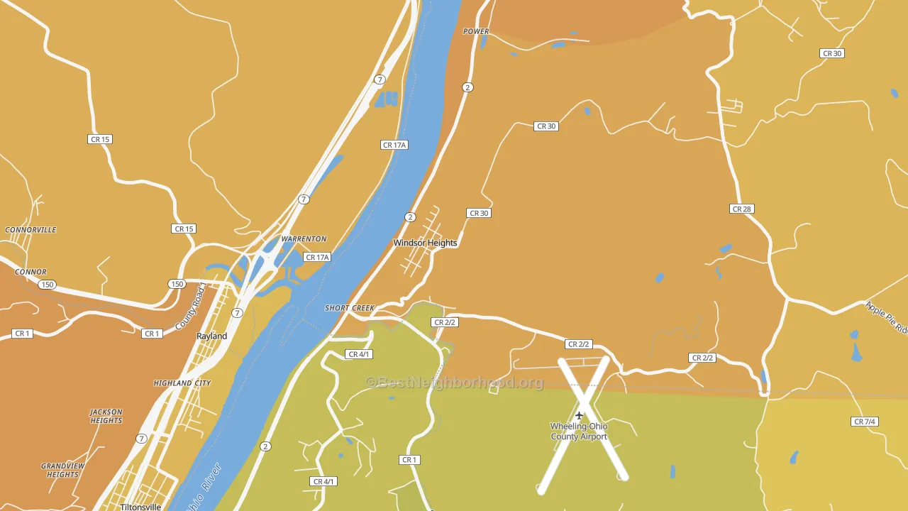 Map of the best neighborhoods in the 26075 area, with better matches in green and worse matches in red