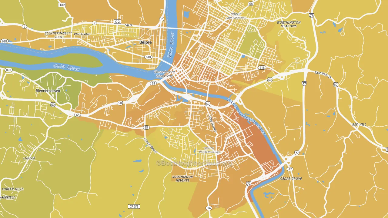 Map of the best neighborhoods in the 26101 area, with better matches in green and worse matches in red