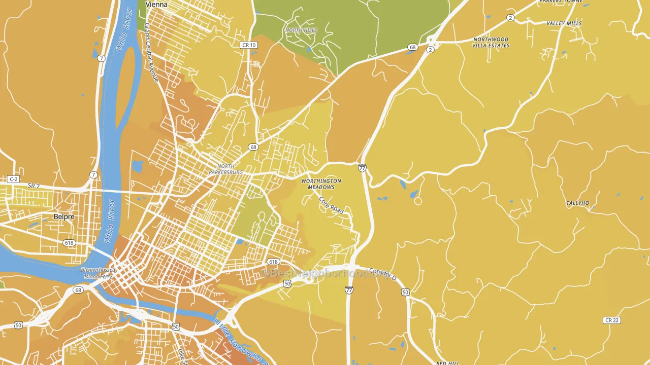 Map of the best neighborhoods in the 26104 area, with better matches in green and worse matches in red