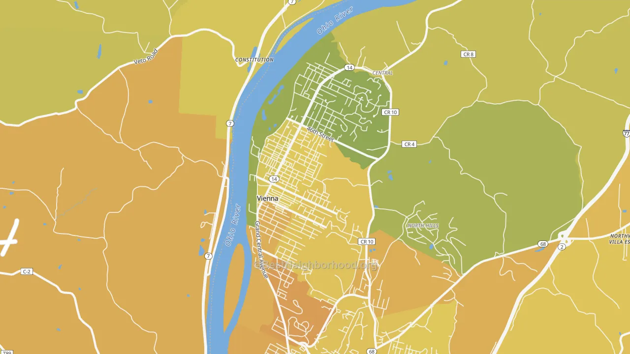 Map of the best neighborhoods in the 26105 area, with better matches in green and worse matches in red