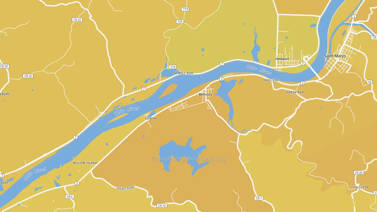 Map of the best neighborhoods in the 26134 area, with better matches in green and worse matches in red